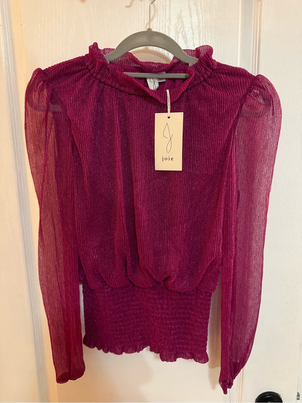 Joie Magenta Long-Sleeve Sheer Ruffle Neck Blouse